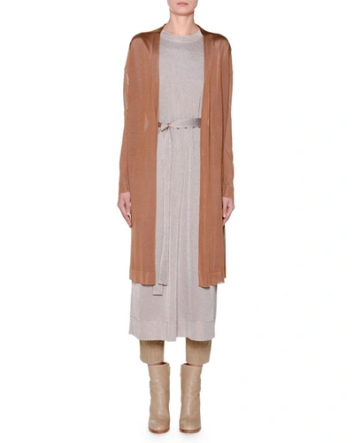 Agnona Long Reversible Metallic-knit Cardigan In Light Beige