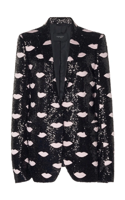 Giambattista Valli Lip-embroidered Sequin Blazer In Black/pink