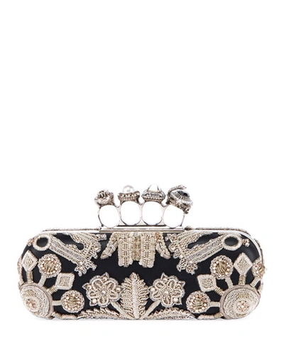 Alexander Mcqueen Jewelled Four Ring Clutch W/ Crystal Embroidered Swans In Black/silver