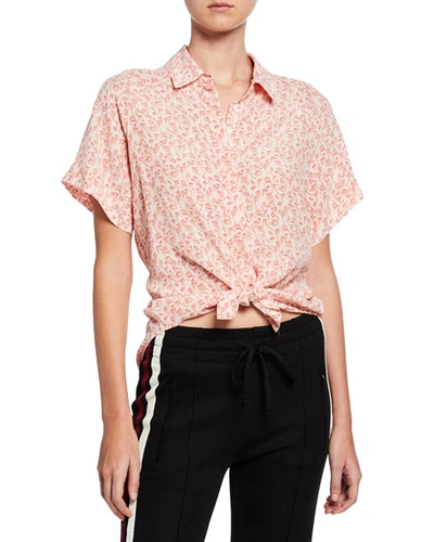 7 For All Mankind Floral-print Short-sleeve Silk Button-front Shirt In Pink Sunrise With Bright Red Flowers