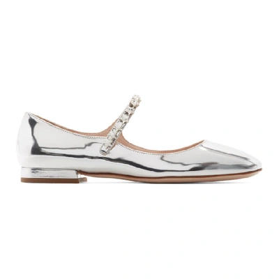 Miu Miu Crystal-embellished Patent-leather Mary-jane Flats In Silver