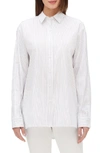 Lafayette 148 Trinity Stanford Stripe Blouse With Buttoned Sleeves In Delft Multi