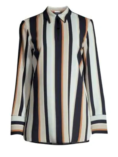 Lafayette 148 Agatha Modern Stripe Long-sleeve Blouse With Chain Detail In Ink Multi