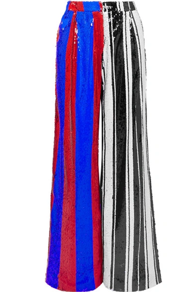 Halpern Striped Sequined Tulle Wide-leg Pants In Blue
