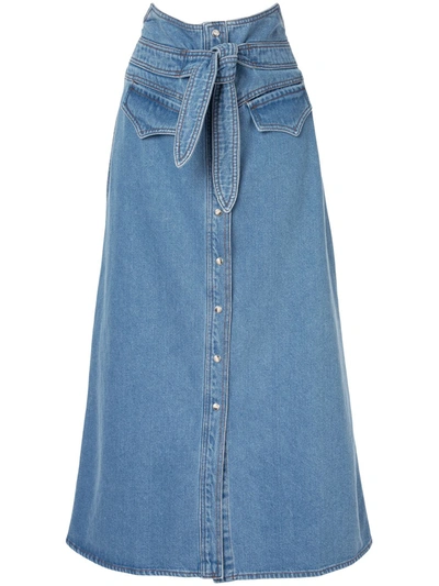 Nanushka Alma Belted Denim Midi Skirt In Blu