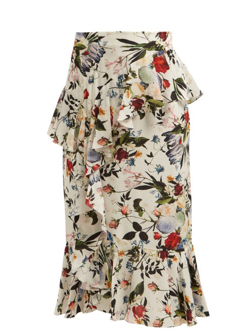Erdem Roselia Ruffled Floral-Print Silk Crepe De Chine Midi Skirt In ...