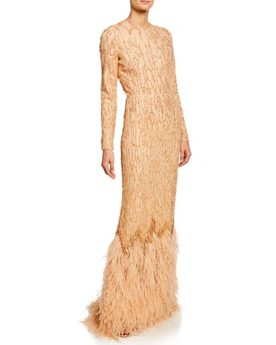 J Mendel Beaded Long-sleeve Column Gown With Ostrich Feather Hem In Brown