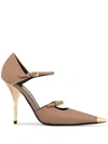 Tom Ford Two-strap Satin Mary Jane Pumps With Pointed Metal Toe In Neutral