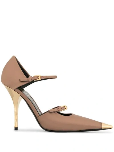 Tom Ford Two-strap Satin Mary Jane Pumps With Pointed Metal Toe In Neutral