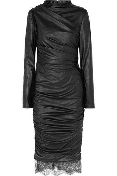 Tom Ford Lace-trimmed Cutout Ruched Faux Leather Dress In Black