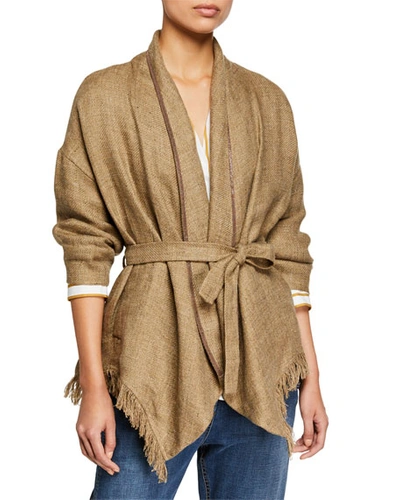 Brunello Cucinelli Belted Linen Poncho With Fringe Trim In Brown