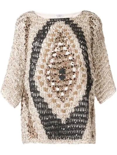 Brunello Cucinelli Sequined Open-weave Diamond 3/4-sleeve Sweater In Brown