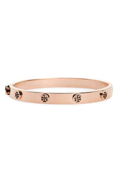 Tory Burch Logo Stud Hinge Bracelet In Gold Pink Stainless Steel In Rose Gold