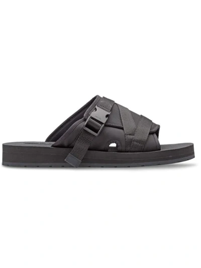 Prada Buckle-strap Velcro Technical-mesh Slides In Black