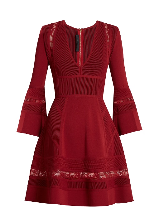 Elie Saab Lace-panel Ribbed-knit Skater Dress In Scarlet-red | ModeSens