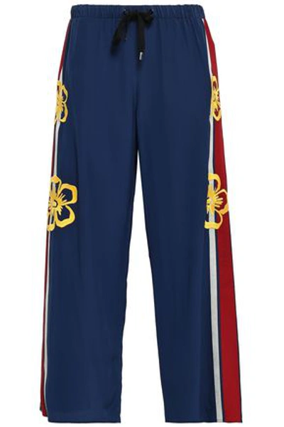 Red Valentino Redvalentino Woman Cropped Embroidered Silk Crepe De Chine Wide-leg Pants Royal Blue