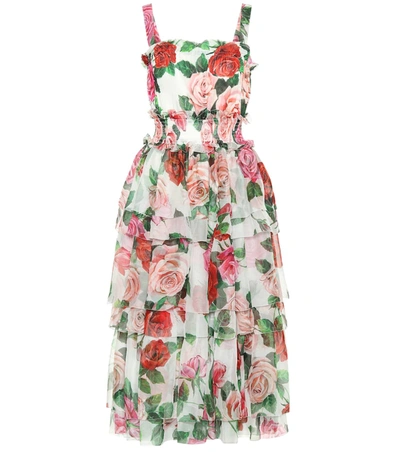 Dolce & Gabbana Rose-print Tiered Silk-chiffon Midi Dress In Floral Print