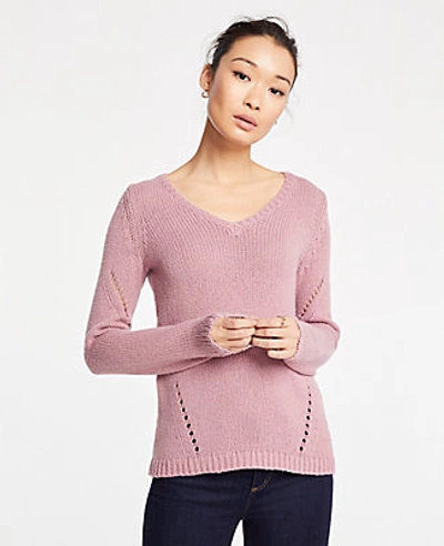 Ann Taylor Petite Pointelle V-neck Sweater In Nostalgia Rose