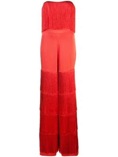 Alexis Maxima Strapless Satin Fringe Jumpsuit In Red