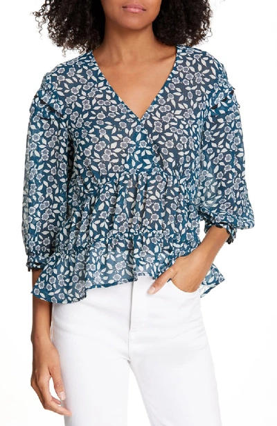 Ba&sh Blanche Floral-print 3/4-sleeve Top In Bleupaon