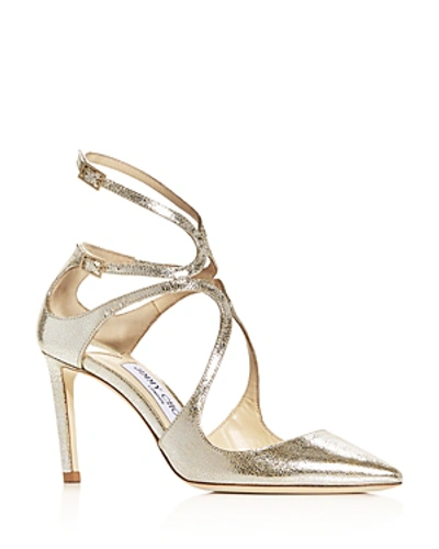 Jimmy Choo Women's Lancer 85 Strappy Pointed-toe Pumps In Champagne Crackled Leather