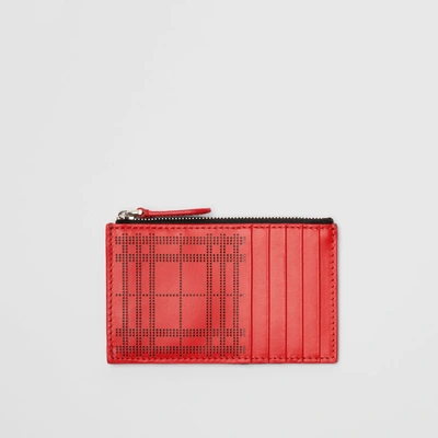 Burberry Perforated Check Leather Zip Card Case In Rust Red