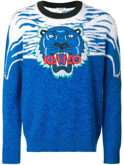 Kenzo Tiger Patch Intarsia Knit Sweater In Blue