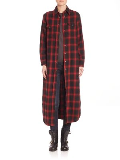 R13 Long Cowboy Shirt Dress In Checkered Plaid Red. In Rayon