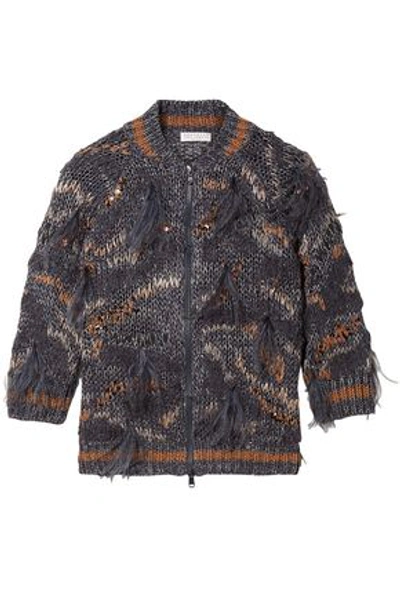Brunello Cucinelli Woman Feather And Sequin-embellished Metallic Cotton-blend Cardigan Storm Blue