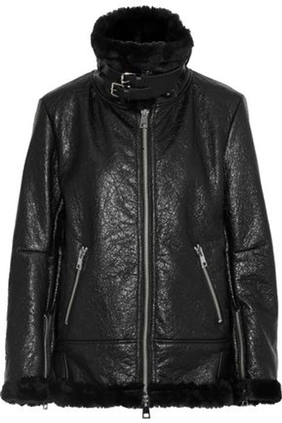 Ainea Woman Coated Faux Shearling Biker Jacket Black