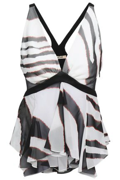 Roberto Cavalli Woman Satin And Mesh-trimmed Printed Silk-blend Georgette Top Off-white