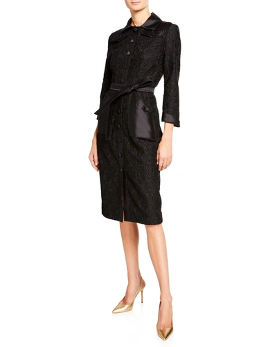 Atelier Caito For Herve Pierre Corded Lace Belted Trench Dress In Black/blue
