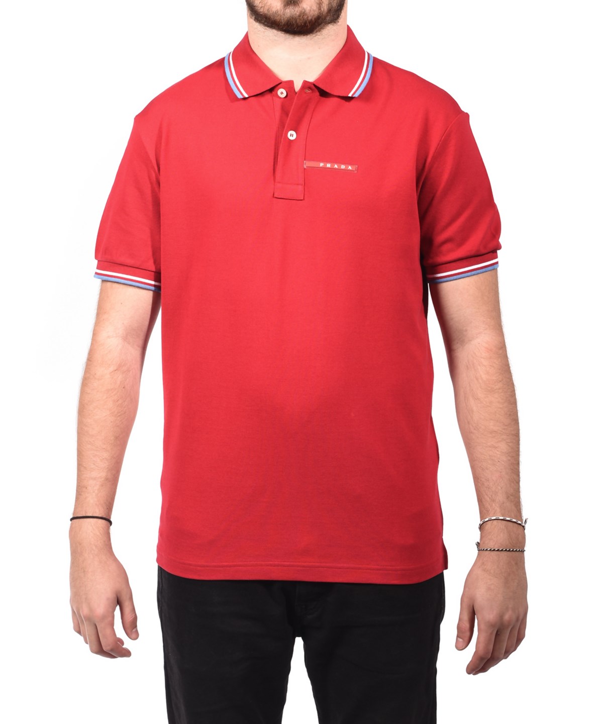 Prada Men&#39;s Sport Multicolor Piquet Slim Fit Polo Shirt Blue Trim Red'  | ModeSens