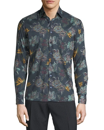 Etro Men's Oversize Floral Woven Sport Shirt In Navy