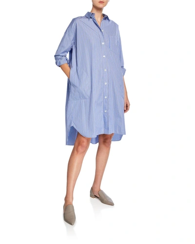 Aspesi Button-front Long-sleeve Striped Poplin Shirtdress In Blue