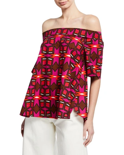 Aspesi Off-the-shoulder Short-sleeve Geometric-print Cotton Poplin Top In Multi Pattern