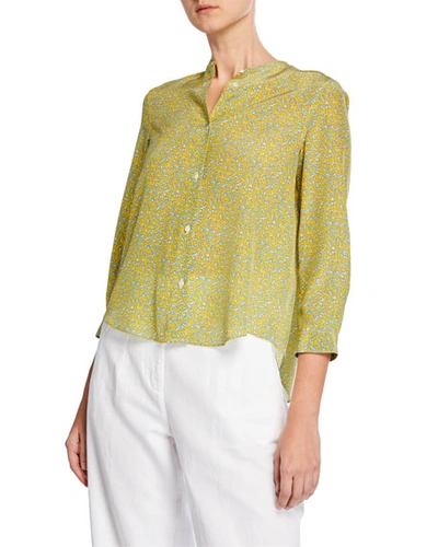 Aspesi Crewneck Button-front 3/4-sleeve Floral-print Silk Shirt In Yellow