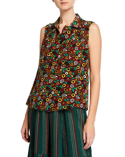 Aspesi Sleeveless Bow-neck Button-front Patterned Silk Blouse In Multi Pattern