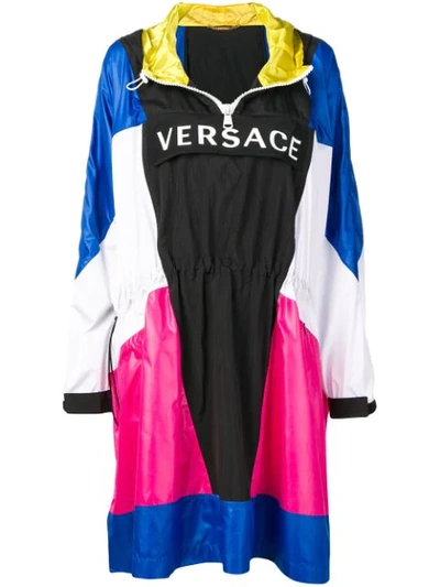 Versace Long-sleeve Logo Colorblock Poncho In Blue