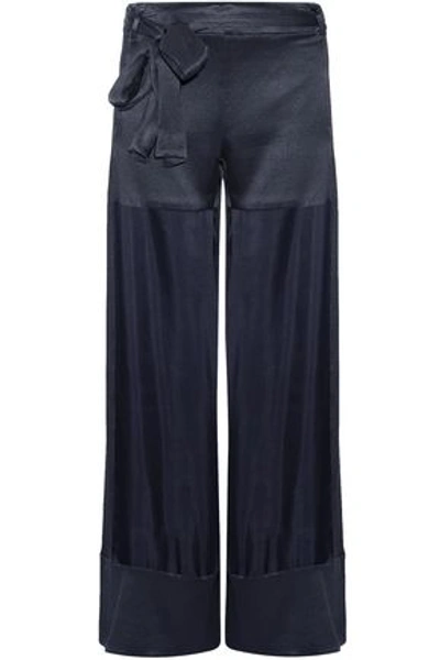 Haney Woman Lola Organza-paneled Hammered-satin Wide-leg Pants Storm Blue