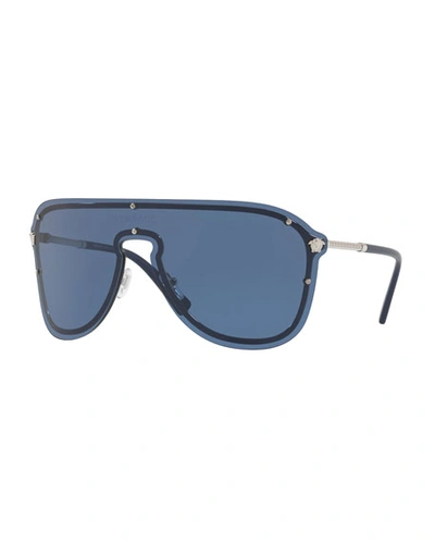 Versace Greek Key Shield Sunglasses In Blue/gray
