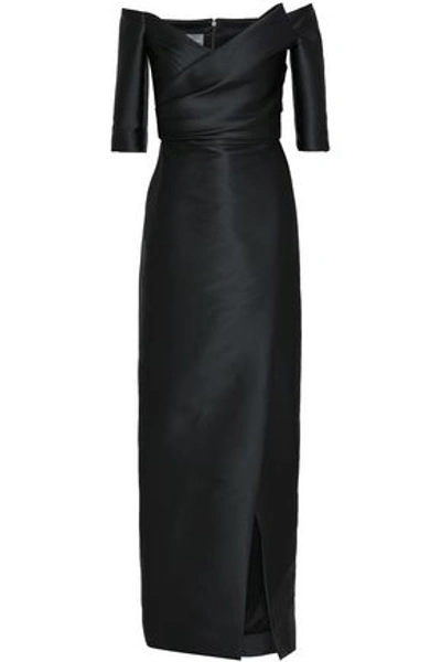 Monique Lhuillier Off-the-shoulder Ruched Satin Gown In Black