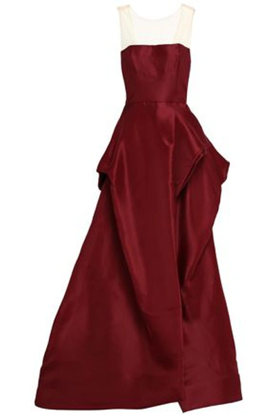 Monique Lhuillier Woman Organza-paneled Draped Duchesse Silk-satin Gown Merlot