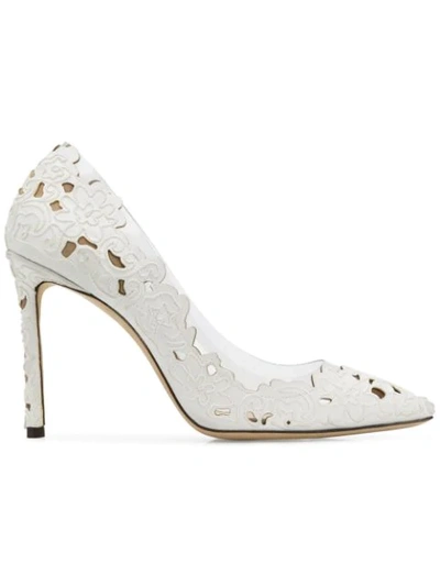 Jimmy Choo Romy 100 White And Clear Pointy Toe Pumps In Perforated Lace Fabric And Plexi