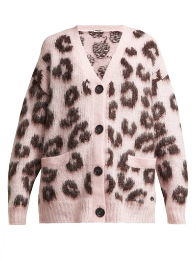 Miu Miu Oversized Leopard Intarsia Knit Cardigan In Pink,brown