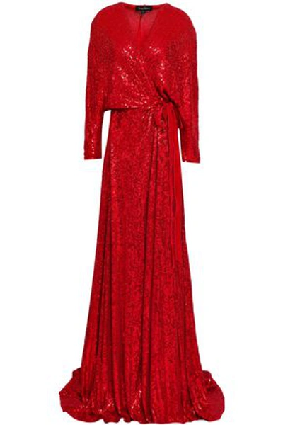 Jenny Packham Woman Sequined Silk-georgette Wrap Gown Red