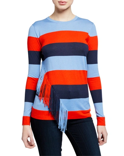 Neiman Marcus Striped Long-sleeve Cashmere-blend Slim-fit Top W/ Fringe Trim In Marine/flame/sky