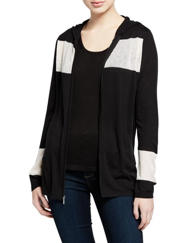 Neiman Marcus Zip-front Colorblock Cashmere-blend Hoodie Jacket W/ Mesh Insets In Black