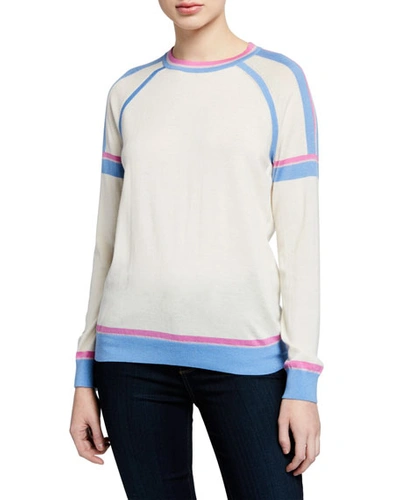Neiman Marcus Superfine Crewneck Long-sleeve Athletic Stripe Cashmere-blend Sweater In Winter White