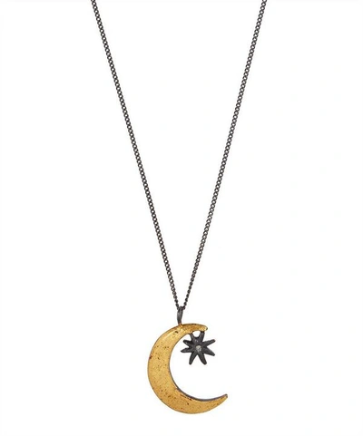 Acanthus Oxidised Silver Crescent Moon And Star Diamond Necklace In Gold